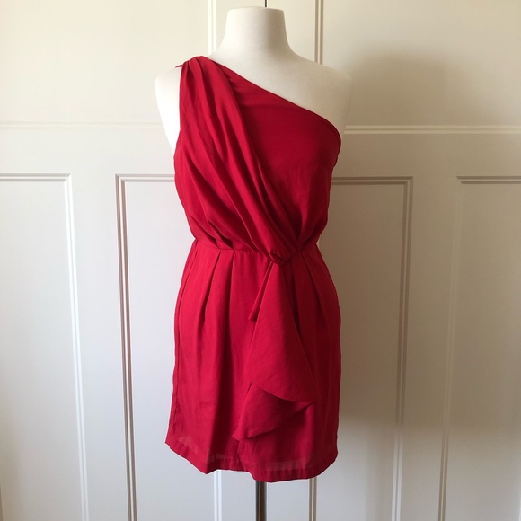 NWT $98~BCBG Generation~Red One-Shoulder Strappy Draped Ruffle Faux Wrap Dress~S - Picture 2 of 10
